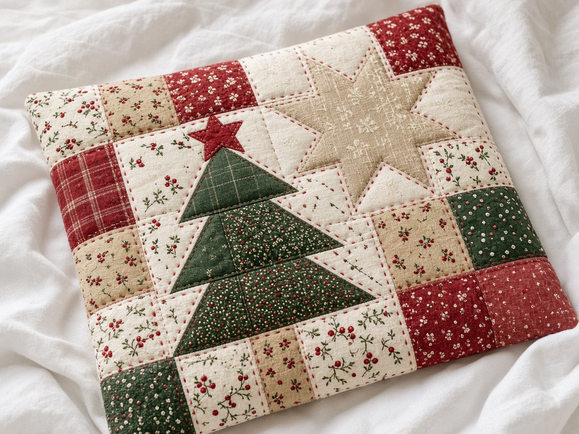 Close view of patchwork quilt stitches